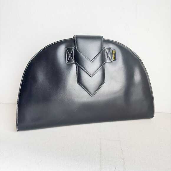 Vintage Paquetage Paris Large Black leather Oval Unique Clutch - Picture 1 of 8